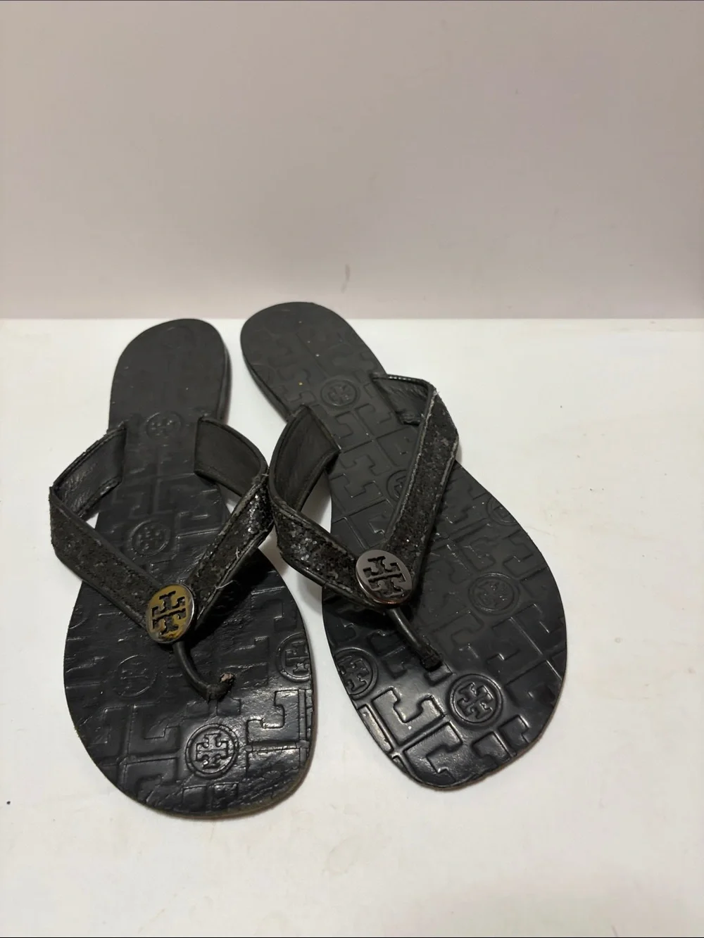 Tory Burch Black Glitter Women’s Sz 8 Logo Thong Sandals